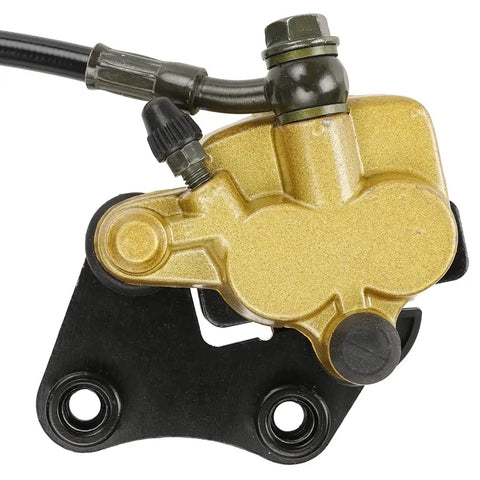Beefy Front Hydraulic Disc Brake Caliper Assembly And Master Cylinder Kit With Pads Bolt On For 50cc To 125cc Pit Dirt Bikes Including SSR Apollo Taotao Coolster DHZ Stomp Demon X Thumpstar Pitster Pro Roketa And More, gold caliper close-up