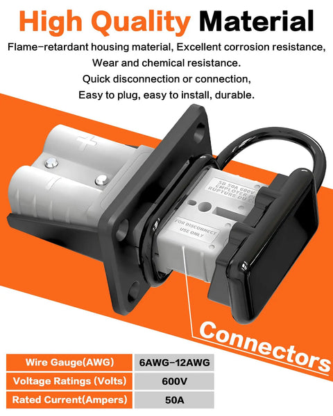 Beefy 50 Amp Anderson Battery Connector Kit For 6 To 12 Gauge Cables Quick Connect And Disconnect Wire Harness With Fixed Bracket And Rubber Insulated Protective Cover Includes Housings Bracket Cover And Terminals