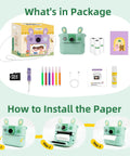 Kids Instant Print Camera 1080P HD With Three Print Rolls And 32GB Card Portable Travel Toy For Ages 3 To 16 Built In Modes For Black And White And Color Prints Totally Fun Christmas And Birthday Gift, package contents and paper install steps