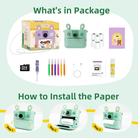 Kids Instant Print Camera 1080P HD With Three Print Rolls And 32GB Card Portable Travel Toy For Ages 3 To 16 Built In Modes For Black And White And Color Prints Totally Fun Christmas And Birthday Gift, package contents and paper install steps