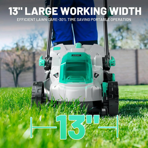 13 Inch Cordless Lawn Mower With 5 Height Settings 20V Brushless Motor Ideal for Garden Yard and Small Farm Lightweight No Fuss Walk Behind Includes 4Ah Battery And Charger For Quick Clean Cuts, front view