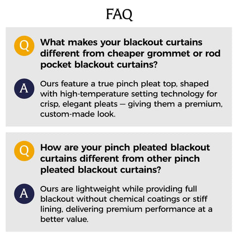 FAQ explaining differences in blackout curtains, highlighting premium pinch pleat design, lightweight material, and custom appearance.