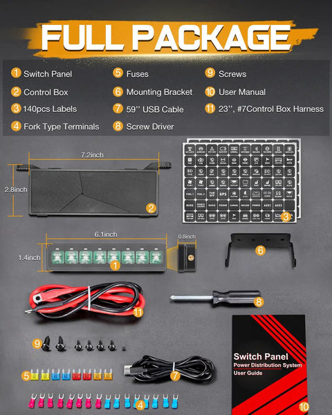 Full package of Wireless 8 Gang Switch Panel For Trucks SUVs UTVs And Boats Slick No Fuss Offroad LED Touch Panel Box shown