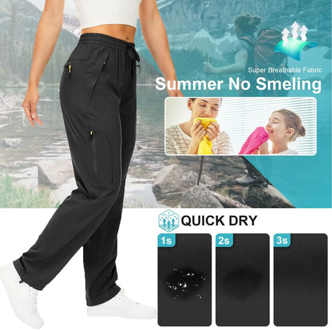 Model wearing Women's Hiking Cargo Pants With Quick Dry Fabric And UPF 50 Protection near a lake, showcasing breathability.