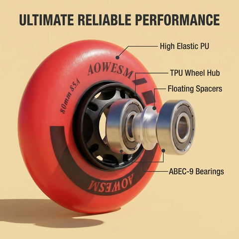 Red 80mm 85A skate wheel with TPU hub and ABEC-9 bearings, labeled details, "8 Pack Go To Inline Skate Wheels 72mm 76mm 80mm"