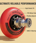 Dope Inline Skate Wheels 72mm 76mm 80mm 85A with ABEC 9 Bearings and Floating Spacers, TPU hub, red wheel close-up, side view