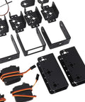 Industrial Grade Black Aluminum Six Axis Robotic Arm Claw Kit With Six Dope High Torque Servo Motors parts overview, including brackets and servos.