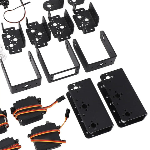 Industrial Grade Black Aluminum Six Axis Robotic Arm Claw Kit With Six Dope High Torque Servo Motors parts overview, including brackets and servos.