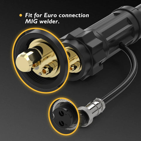 Close-up of the Euro connection on the Aluminum Spool Gun For MIG Welder, 150 Amp, highlighting dual connectors.