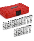 Built Tough 19 Piece Quarter Inch Drive Universal Joint Socket Set With Flex Wobble Sockets For Tight Spots Metric Five To Fifteen Millimeter And SAE Three Sixteenths To Nine Sixteenths Six Point Chrome Vanadium in red case