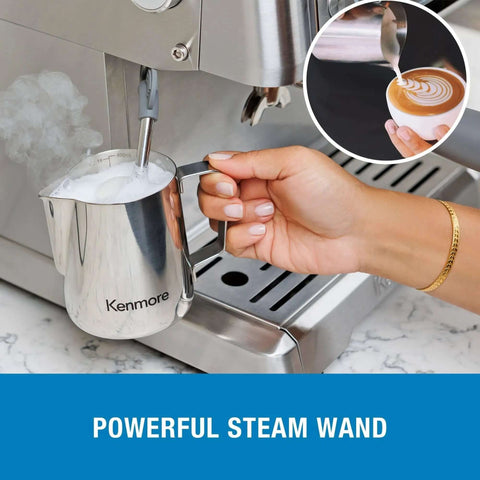 Barista Grade Home Espresso Machine With 9 Bar Pressure Automatic Coffee Maker steaming milk with frother.