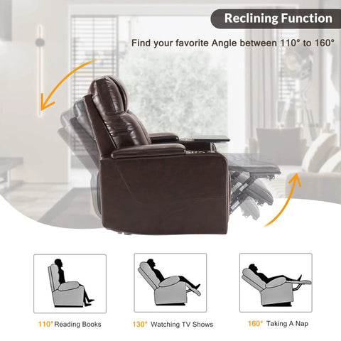 Power Reclining Chair With USB Ports, Cupholders, LED Light, shown in various reclining positions from 110 to 160 degrees.