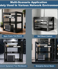 Heavy Duty 1U Rack Mount Shelf For Network Gear 19 Inch Server Bracket With Black Coated Steel Build in an open frame test bench.