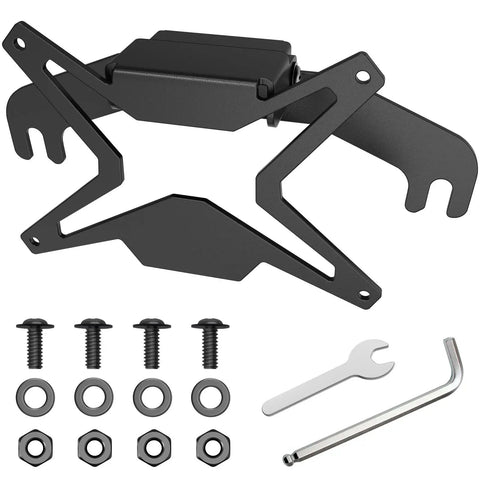 Universal Flip Up License Plate Mount For 10 Inch Hawse Fairlead Front Bumper Off Road Ready Bracket For Pickups And SUVs Compatible With Winches Rope Guides And Hook Systems, black steel with bolts