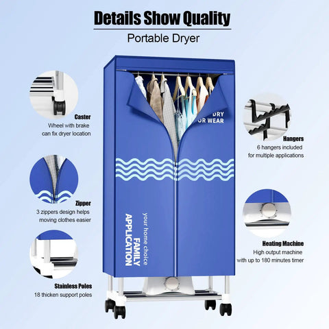 Portable Clothes Dryer With Timer, 60 Inch Laundry Wardrobe Dryer Rack For Home Easy Setup, Roomy Capacity Holds Up To 40 Lbs