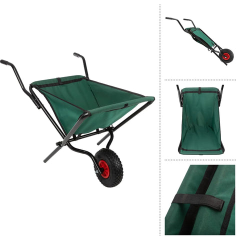 Folding Wheelbarrow With Collapsible Garden Cart For Lawn Care, 80Lb Capacity, with green fabric, padded handles, compact design.