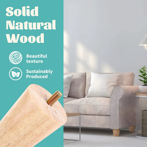 Solid Rubber Wood Furniture Legs Two Inch Round Set Of Four Mid Century Modern Replacement Feet For Sofa Couch Bed Or Desk With Full Hardware Included Built Hella Tough And Ready For Any Quick Upgrade close-up of natural wood leg with screw detail.