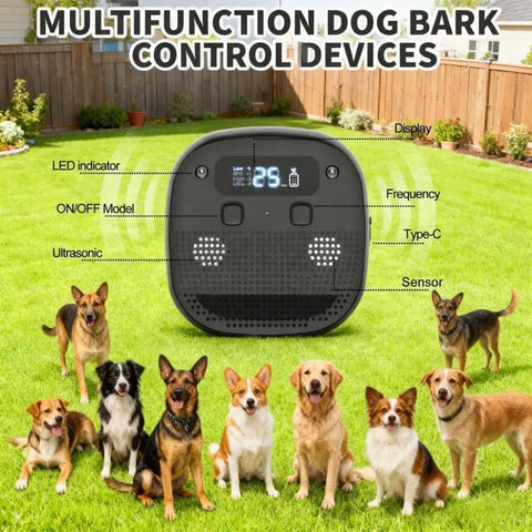 Ultrasonic Dog Bark Control Device With Sensor Tech, Remote, And Adjustable Modes For Indoor Outdoor Use, Rechargeable Bark Deterrent With 15-35KHz Frequency, Keeps Your Home Quiet And Your Nerves Chill. black wall-mounted unit shown in backyard