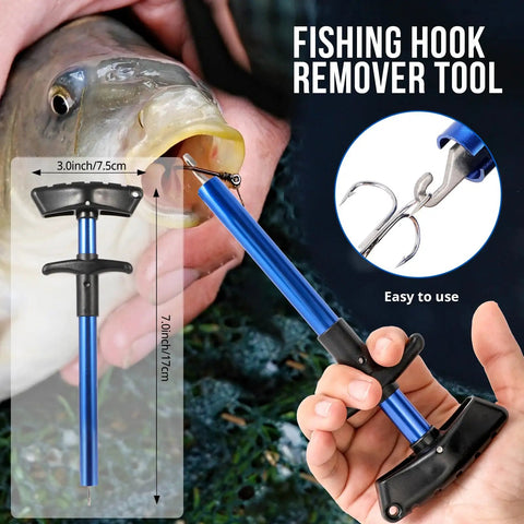 Fishing hook remover tool in hand next to a fish mouth, blue and black handle, 7.7cm x 17cm dimensions shown, easy to use.