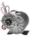 48V 600W DC gear motor kit with silver metal housing and mounting bracket, output shaft with sprocket.