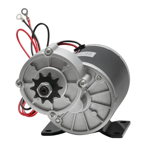 48V 600W DC gear motor kit with silver metal housing and mounting bracket, output shaft with sprocket.