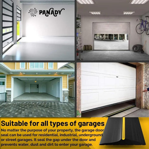 Four different garage setups with various door types, highlighting a garage door seal suitable for all types of garages.