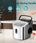 Front view of stainless steel countertop ice maker with black carry handle and clear lid; includes ice basket and scoop.