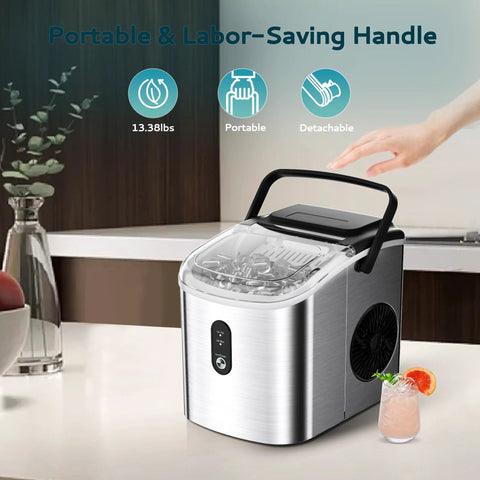 Front view of stainless steel countertop ice maker with black carry handle and clear lid; includes ice basket and scoop.