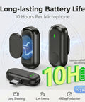Wireless Mini Lapel Microphone For iPhone And Android, showing 10-hour battery life feature, two transmitters, and USB receiver.