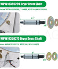 High Performance 4392065 Dryer Repair Kit With 349241T Drum Roller And Belt Assembly Upgraded Metal Bearings For Zero Noise Operation. Two dryer drum shafts with replacement washers.