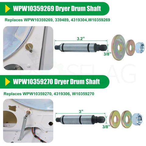 High Performance 4392065 Dryer Repair Kit With 349241T Drum Roller And Belt Assembly Upgraded Metal Bearings For Zero Noise Operation. Two dryer drum shafts with replacement washers.