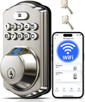 Smart WiFi Fingerprint Front Door Lock With App Control And Voice Assistants 6 In 1 Keyless Entry No Key Needed in Satin Nickel next to smartphone and keys.