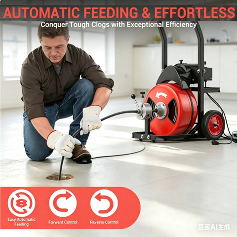 Man using Heavy Hit 100 Ft Auto Feed Drain Cleaner with three quarter inch cable to unclog floor drain effortlessly.