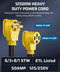 Heavy Duty 50 Amp RV Extension Cord 10 Feet NEMA 14 50P To 14 50R Copper Wire, features plug and receptacle view, yellow connectors.