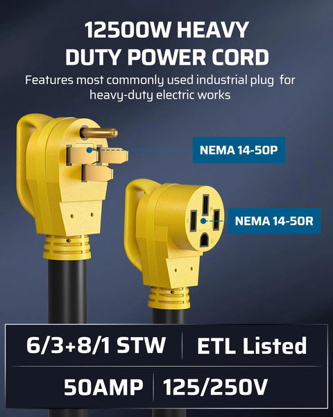 Heavy Duty 50 Amp RV Extension Cord 10 Feet NEMA 14 50P To 14 50R Copper Wire, features plug and receptacle view, yellow connectors.