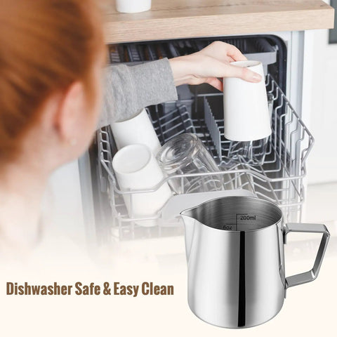 Stainless Steel Milk Frothing Pitcher 6.8oz 200ml With Dripless Spout, Dishwasher Safe shown near a dishwasher with cups.