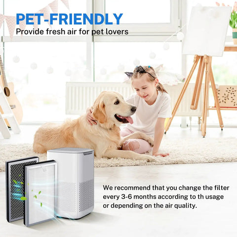 Child and dog enjoying clean air with Replacement Air Purifier Filter For MA15, 3 In 1 Pre-Filter, True HEPA H13 And Activated Carbon, 4-Pack