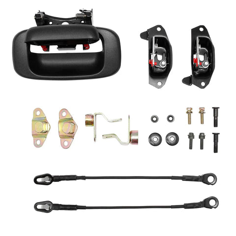 Heavy Gauge Steel Direct Replacement Rear Tailgate Handle Kit For Chevy Silverado 1500 2500 3500 1999 To 2006, includes latches and screws.