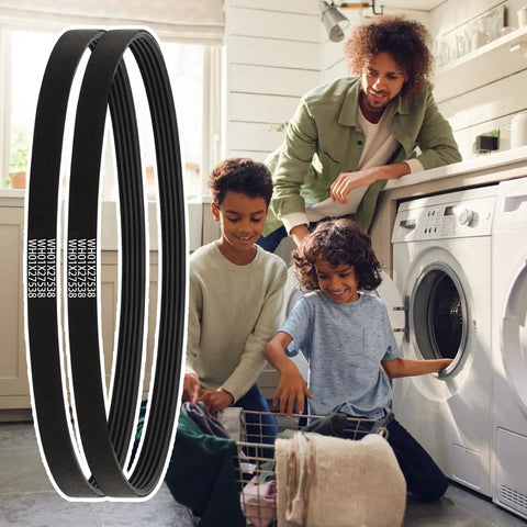 Multi Slot Drive Belts Replacement For GTW220ACK6WW And GTW330ASK4WW Washing Machines With Durable Rubber Construction Easy Install Wide Compatibility Quiet Performance Perfect For Quick Appliance Repairs black ribbed washer belts beside family using front-load washer