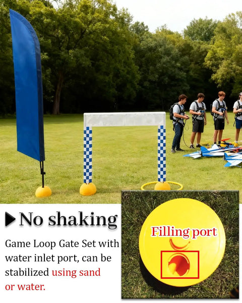 Drone Obstacle Course Kit For Kids And Adults With Canvas Ring Hoops, showing stabilizing base and filling port instructions
