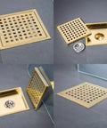 Six Inch Brushed Gold Stainless Square Shower Drain Kit With Tile Insert Grate Removable Low Profile Flat Cover And Threaded Adapter
