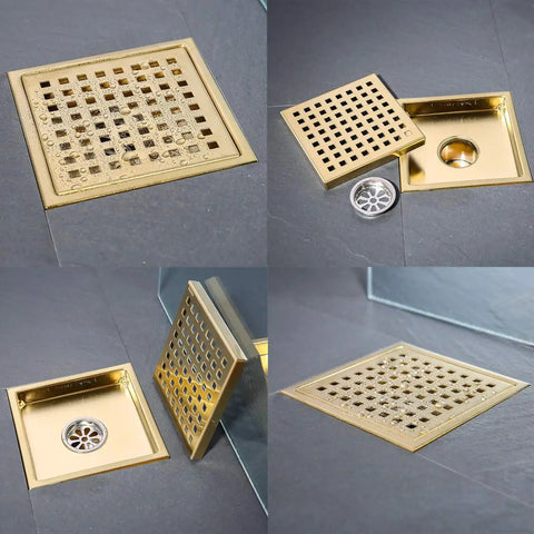 Six Inch Brushed Gold Stainless Square Shower Drain Kit With Tile Insert Grate Removable Low Profile Flat Cover And Threaded Adapter