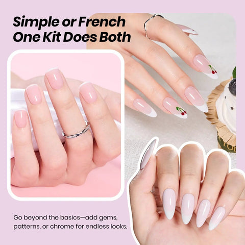 French Tip Gel Polish Peach Mousse 15ml Kit With French Tip Stamp, HEMA-Free White And Light Pink Gels, showcased on manicured nails