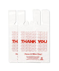 White Thank You Plastic Grocery Bags 11 By 6 By 21 Inches 100 Pack with red text design for takeout and shopping shown front view.