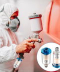 Person using airbrush with 2 Pack Compressed Air Filter Water Oil Separator 1/4 Inch NPT Inlet And Outlet For Airbrush And Compressor Lines