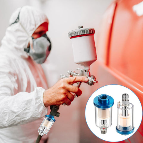 Person using airbrush with 2 Pack Compressed Air Filter Water Oil Separator 1/4 Inch NPT Inlet And Outlet For Airbrush And Compressor Lines