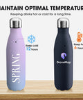 Solid Bulk Set Of One Hundred Custom 17 Oz Stainless Steel Water Bottles Double Wall Insulated And Totally Leakproof With Dope Custom Graphics For Sports And Outdoor Adventures Printed In Usa showing two bottles with temperature retention details.