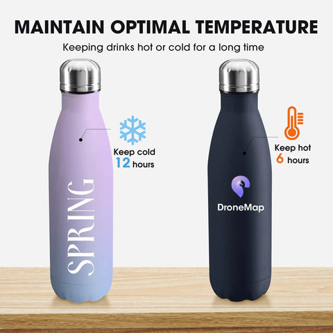 Solid Bulk Set Of One Hundred Custom 17 Oz Stainless Steel Water Bottles Double Wall Insulated And Totally Leakproof With Dope Custom Graphics For Sports And Outdoor Adventures Printed In Usa showing two bottles with temperature retention details.
