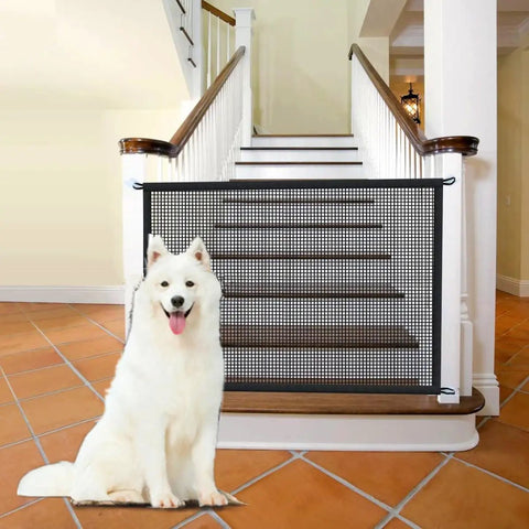 Retractable Dog And Baby Gate For Stairs And Doorways 43.3 Inches Wide 28.3 Inches High No Drilling Mesh Panel in staircase view with dog