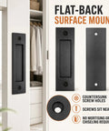 Deadly Smooth 6 Inch Sliding Barn Door Handle Tough Grip Design Matte Black Flush Pocket Door Pull mounted on a door.